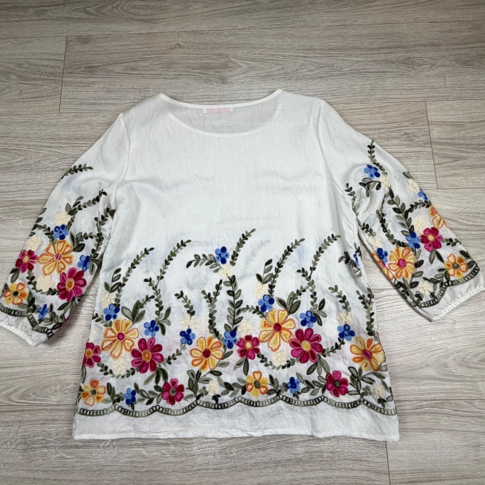 Ana & Rose Womens White Floral Embroidered Boho Blouse Top Medium - Picture 7 of 8